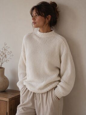 Aerie Cream Cotton Cable Knit Pullover Sweater Large Cozy Minimalist Fall Chic